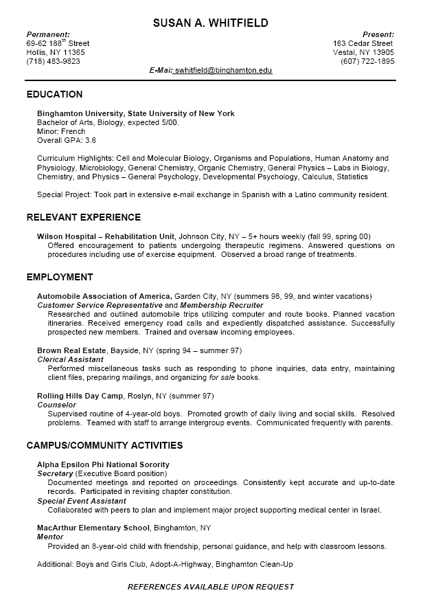 student resume sample college click above for other student samples